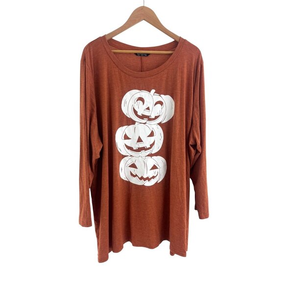 Brown Orange Smiling Pumpkin Jack-O-Lantern Soft Top Shirt Size 28 4X Halloween - Picture 2 of 6